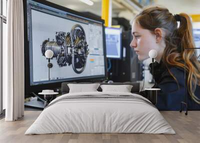 Female engineer creating 3D mechanical model on computer Wall mural