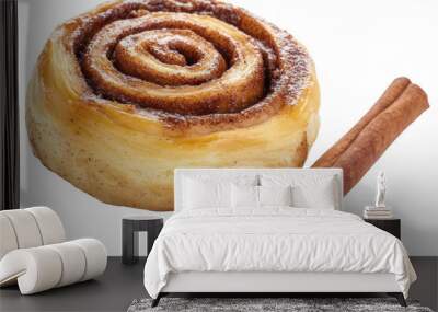 Freshly baked cinnamon roll with cinnamon sticks, cut out - stock png. Wall mural