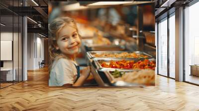 Happy girl smiles at cafeteria buffet Wall mural