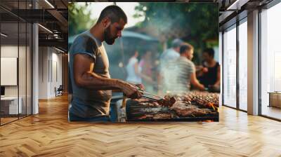 Man grilling meat at an outdoor barbecue on a summer day Wall mural