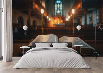 Open holy bible book in a church with glowing lights Wall mural