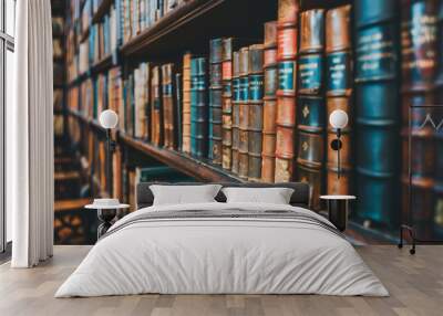 Rows of bound books line the wooden shelves of a historic library Wall mural