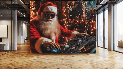 Santa DJ mixes holiday tunes at a festive party surrounded by Christmas lights Wall mural