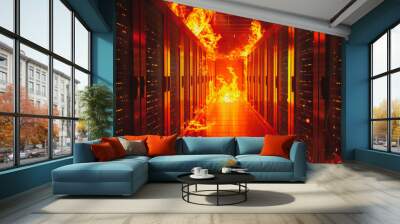 Server room engulfed in flames during a catastrophic fire Wall mural