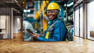 Smiling technician with digital tablet at industrial facility Wall mural