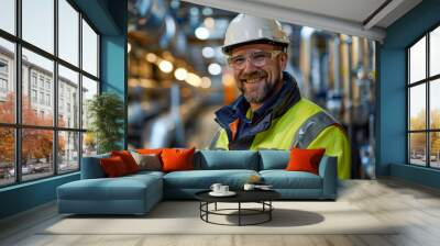 Smiling technician with digital tablet at industrial facility Wall mural