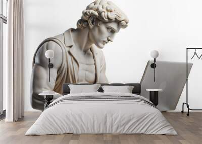 Traditional plaster statue of a man working on a laptop for IT, cut out - stock png. Wall mural