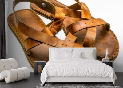 Two brown sandals with a leather strap and a buckle, cut out - stock png. Wall mural