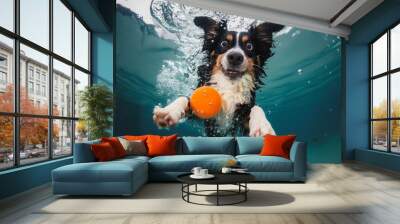 Underwater dog with orange ball in pool Wall mural