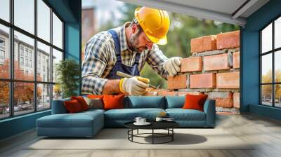 bricklayer working scaffold yellow protective helmet brick trowel builder building wall Wall mural