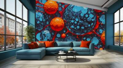 Abstract background with water drops and bubbles in blue and orange colors Wall mural