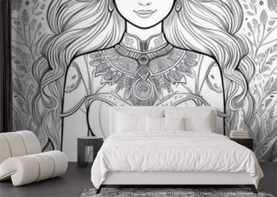 Beautiful girl in a medieval costume. Vector illustration for adult coloring book. Wall mural