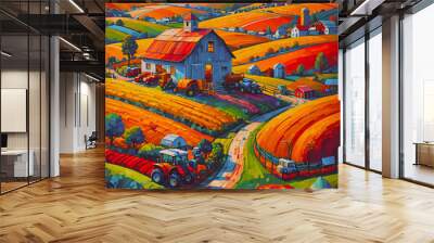 Farm landscape with tractor in the field. Colorful cartoon illustration. Wall mural