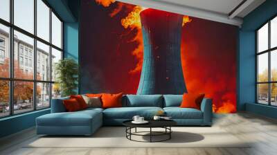 Nuclear power plant with huge flames and smoke in the night. Wall mural