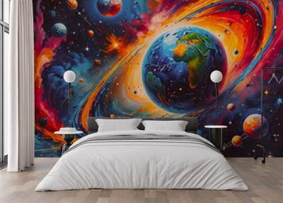 Planets and stars in outer space. Cosmic art.  Wall mural