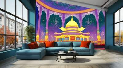 Vector illustration of a Buddhist temple in the night with a lot of lights Wall mural