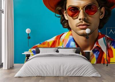 Close-up potrait men wear hat and glasses, Colorful Chic, Retro fashion concept. Wall mural