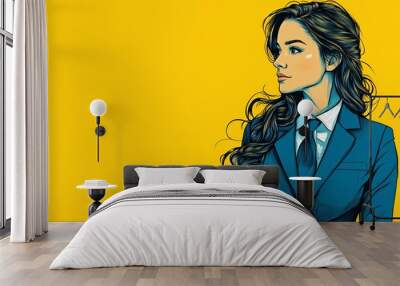 Half-body of beauty businesswoman wear blue suit, hand drawn illustration, yellow background Wall mural