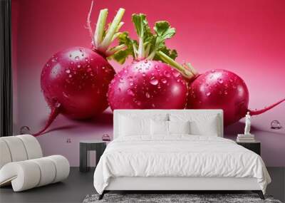 Radish with water droplets, Healthiest vegetables, Light red background Wall mural