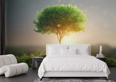 Growth tree young plant. Natural green background,  Miniature Young Plant in Sunlight, Growing plant, Plant seedling. New bud growing in spring, green world and earth day concept. Wall mural