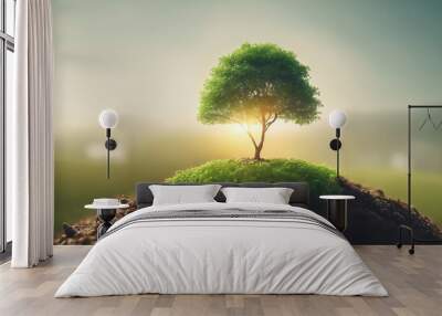 Growth tree young plant. Natural green background,  Miniature Young Plant in Sunlight, Growing plant, Plant seedling. New bud growing in spring, green world and earth day concept. Wall mural