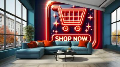 a red led sign with the message shop now written on a black background is a sales promotion image in Wall mural