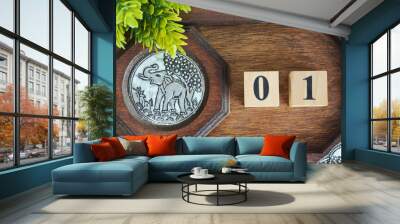 Number 1, Numbercube design with wooden board for background. Wall mural