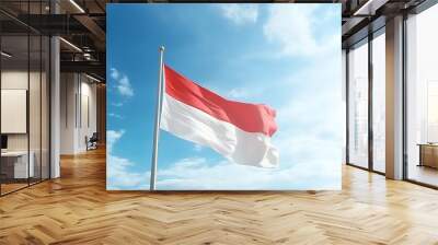 A red and white Indonesian flag flying in the wind against a blue sky. Wall mural