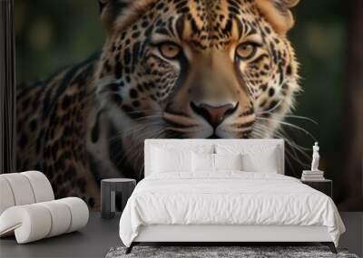 a leopard is standing in the woods with its mouth open. Wall mural