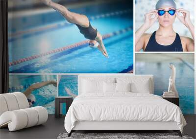 Collage of young sport woman swimming in the indoor pool Wall mural