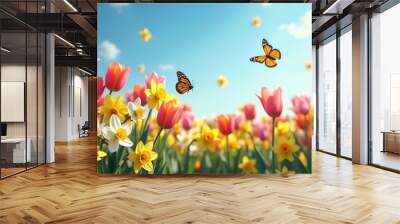 A mesmerizing image of a vibrAt spring meadow filled with blooming tulips, daffodils, Ad butterflies fluttering among the flowers under a clear blue sky. Wall mural