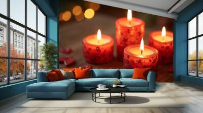 A set of beautifully decorated candles arranged artistically on a wooden surface creating a warm and festive ambiance. Wall mural