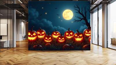 A spooky pumpkin patch under a full moon where jack-o'-lanterns glow brightly against the dark, starry night with their twisted faces casting eerie shadows Wall mural