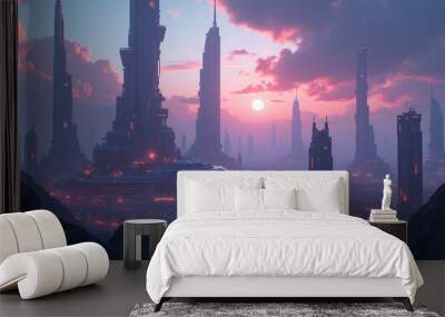 Alien metropolis on a far-off planet with advanced technology towering structures and glowing cityscapes amidst an alien sky. Wall mural