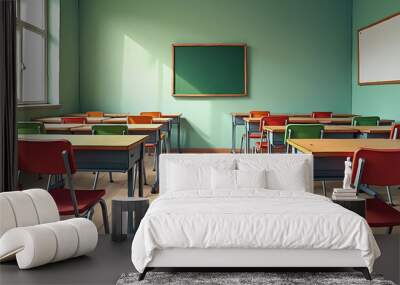 An empty classroom is shown with rows of wooden desks and chairs in red, green, and orange. Wall mural