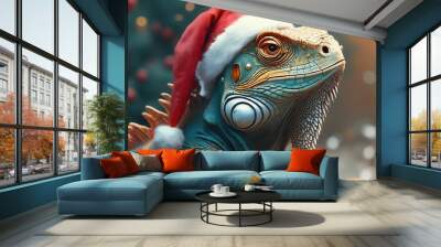 Photorealistic illustration of iguana with Christmas cap on a Christmas background looking in camera, only top of body, detailed Wall mural