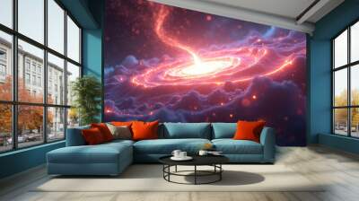 Pulsating quasar surrounded by vibrant cosmic fields sending bursts of energy and light across the galaxy in a powerful display of nature. Wall mural