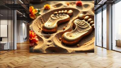 Sacred footprints in golden sand surrounded by fragrant flowers symbolizing Krishna’s presence. Wall mural