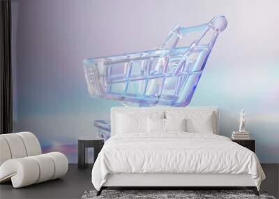 Shopping cart in glass effect on pastel background. shopping online concept. Wall mural