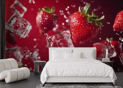 Iced strawberries with ice cubes, isolated on red background Wall mural