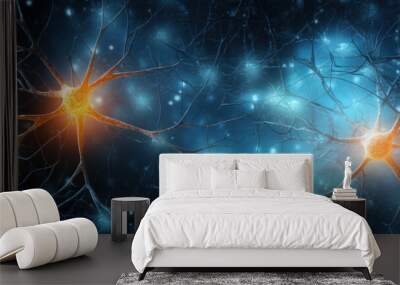 Neuron cell and neurons in connection with glowing light. Wall mural