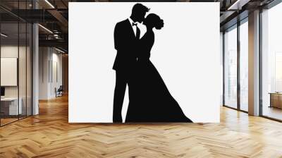 Bride and groom. Newlyweds kiss. Black silhouette. Vector illustration Wall mural