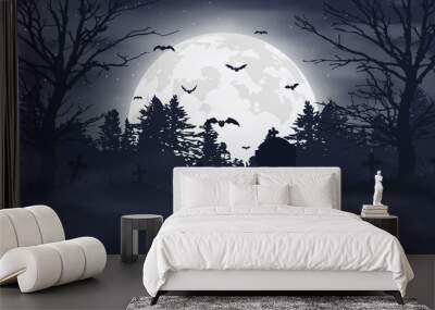 halloween night background. scary cemetery and full moon. vector banner Wall mural