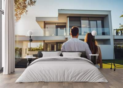 Happy young couple standing in front of new home. Husband and wife buying new house Wall mural