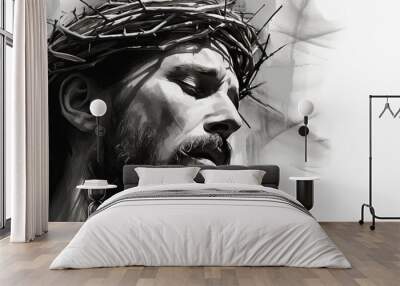 Jesus Christ. Crown of Thorns. Black and white portrait Wall mural