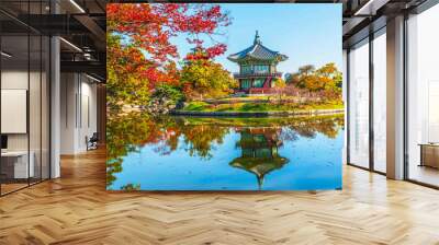 Gyeongbokgung Palace focus dark tones and a maple tree in autumn Korea Wall mural