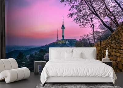 Twilight Seoul Tower in Spring at south korea Wall mural