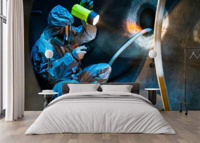 Workers, inspection process, chemical tanks, safety, confined spaces Wall mural