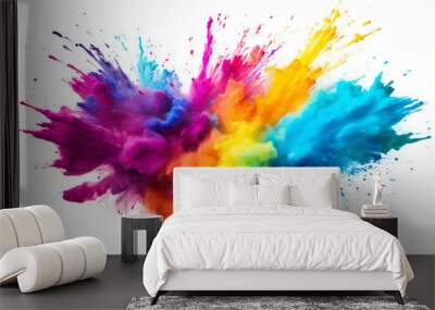 Colorful rainbow paint color smoke cloud explosion isolated on transparent background - Generative AI Wall mural