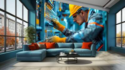 Electrician at work with safety helmet in industrial environment representing skilled labor, electrical engineering, safety, and industry. Wall mural